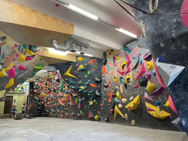 Colourful holds on an indoor bouldering wall.