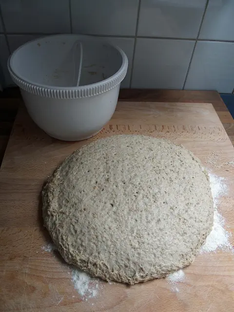 Bread dough resting on a work surface.