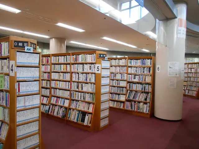 Rows of bookshelves in a library.