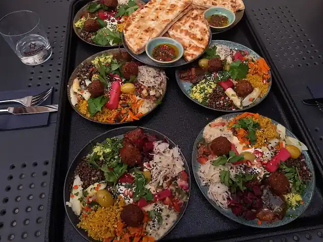 Small dishes arranged for a mezze meal.