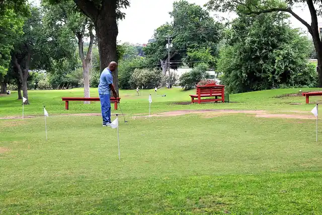 A player practising on a putting green shaded by trees.