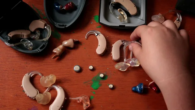 Several hearing aids, ear moulds and small batteries arranged on a wooden table.