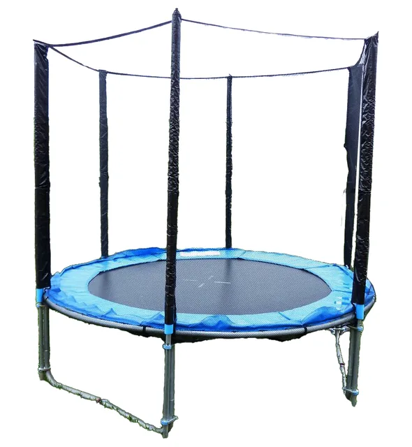 A round outdoor trampoline surrounded by a safety net.