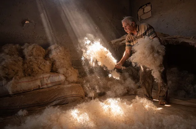 An artisan loosening wool fibres in a traditional felt-making workshop.