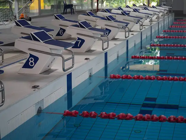 An empty swimming pool with marked lanes.